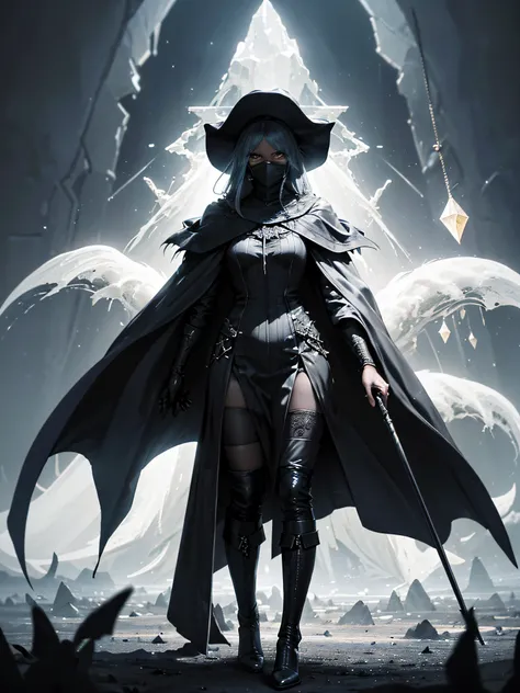 A High Mage with a very large wizards hat that covers part of her face, angry face with neon flash lit eyes, holding an extremely detailed crystal staff, long black clothing and cloak/cape, full black clothing, emanating aura extremely sinister, Full body,...