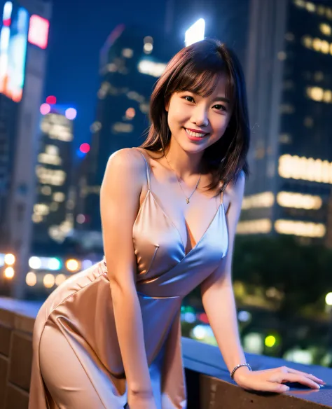 Random Pose, Mix 4, (8K, RAW Photo, Best Quality, Masterpiece: 1.45), (Real, Photorealistic: 1.37), Female, Cute, Smile, Cityscape, Night, Professional Lighting, Radiosity, Normal Breasts , deep V neckline slip dress, front facing, full body figure,