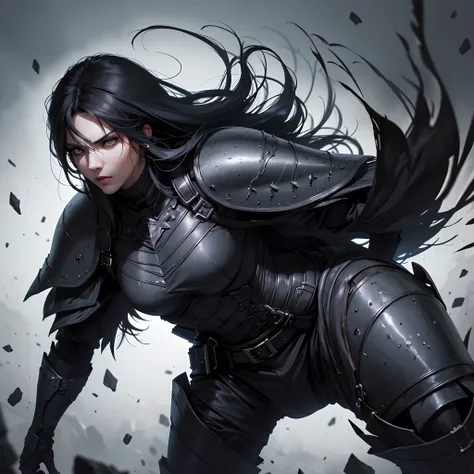 (best quality, highres), detailed black long hair, expressive dark piercing eyes, serious expression, large black armor, warrior, black swordsman, dark and mysterious atmosphere