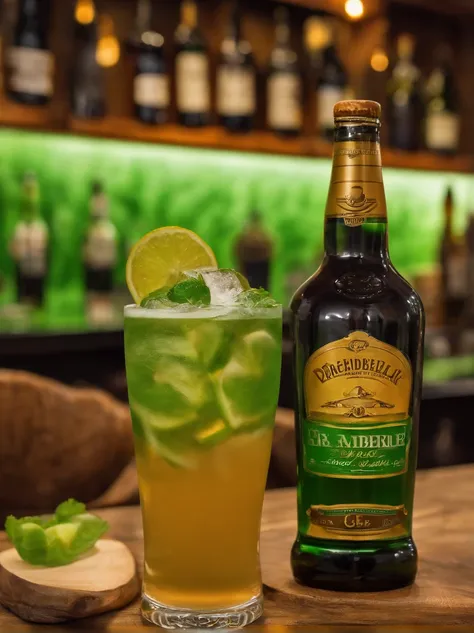 Crea una foto ultrarrealista en 8K que represente a un gnomo con gran sombrero verde con hebilla y sentado dentro de un acogedor, barra con poca luz. It should be caught in the middle of savoring a cold beer, with amber liquid and condensation on visible g...