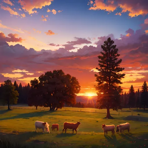 Paint a picture of sunset red，There is a lattice field，There are cattle，Sheep Creek