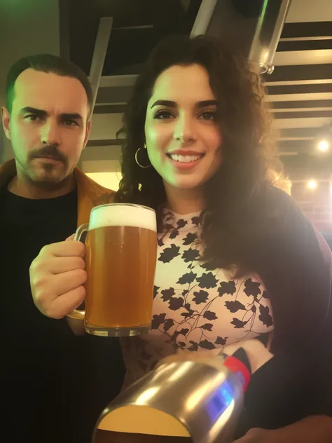 Theres a man and a woman holding a beer together, segurando uma cerveja!!, segurando um tanque de cerveja, segurando uma cerveja, segurando a pinta de ale, segurando cerveja, segurando uma caneca de cerveja, segurando um copo grande de cerveja, pessoas beb...