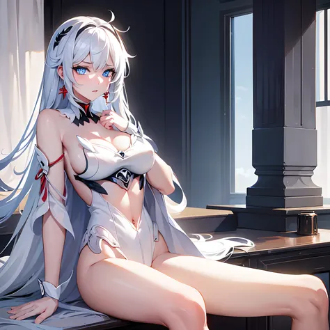 White hair, blue eyes, naked, sexy pose, anime girl, beautiful, spread legs, show pussy, lingerie