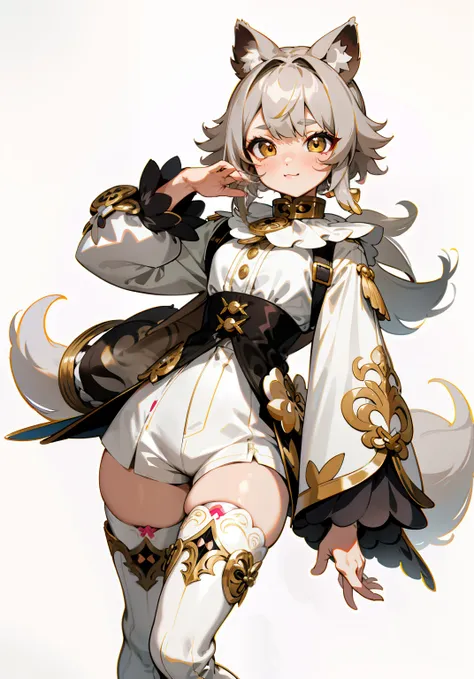 genshin game style, 1GIRL, Character design sheet of a girl, finely detailed, (best quality), (intricate details), multicolored, raccoon girl , fluffy tail, raccoon ears, ((medium length grey hair)), best quality, ((long sleeve button up puffy shirt)), ((p...