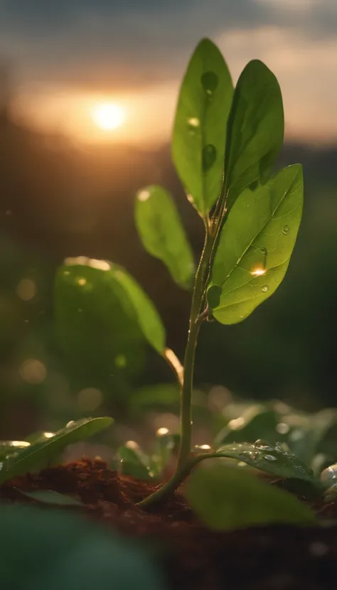 Uma formiga em uma folha，There is dew on the edges of the leaves，magic hour，photorealistic cinematic render, cinematic 3d render, realistic cgi render, depicted as a 3D rendering