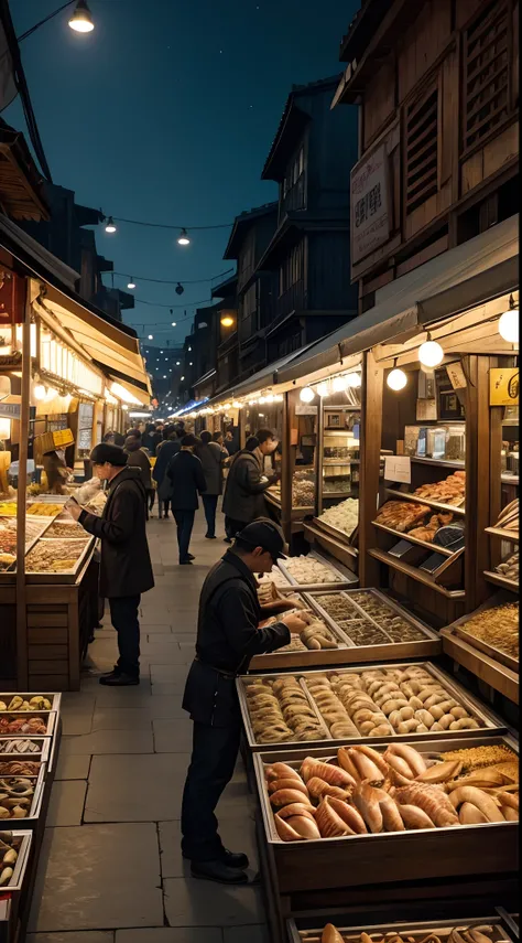 15th century, A crowded and bustling black market, filled with various goods and people. Booths display a variety of seafood, from fresh fish and shellfish to all kinds of seafood. The lights of Neon Country flicker in the distance, adding a touch of myste...