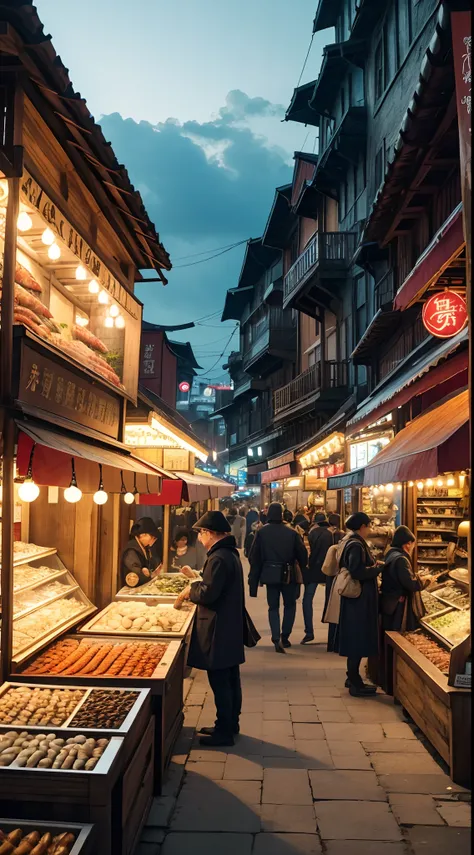 15th century, A crowded and bustling black market, filled with various goods and people. Booths display a variety of seafood, from fresh fish and shellfish to all kinds of seafood. The lights of Neon Country flicker in the distance, adding a touch of myste...