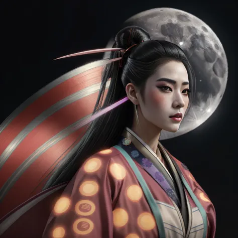 geisha with full moon in the background, cyberpunk geisha, inspired by cyberpunk 2077, beautiful, stunning futuristic artwork, b...