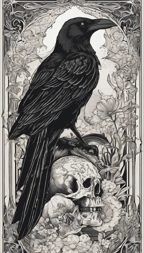 black crow, skull, books, burning candle, black and white, 8K