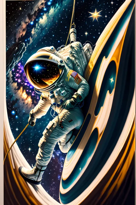 tmasterpiece，HighestQuali，超高分辨率，ultra - detailed，The astronaut，Spacesuit，climbing the asteroid，Starskrim，starryskybackground，