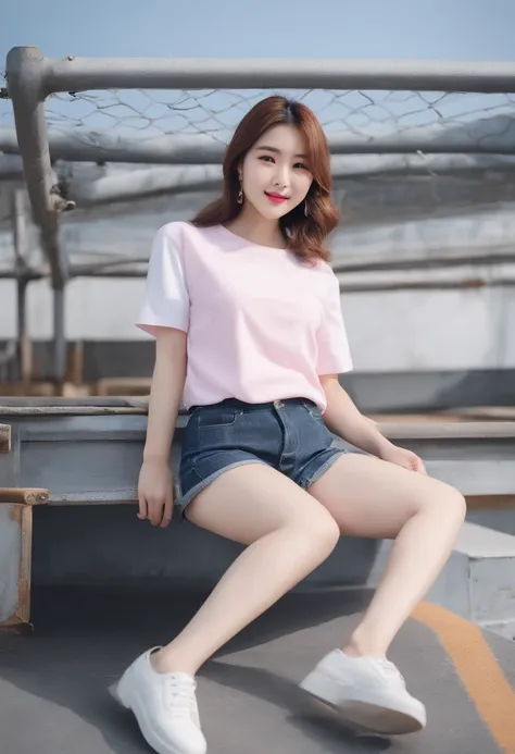 ​masterpiece、hightquality、japanes、Idol cuteness young face early teens girl、short、Pose for photo in white tight t-shirt and tight denim skirt，full body Esbian，Slim body，Petite bust，nipple1.2、Lying on the construction site、(Long bob cut、(Spread your legs wi...