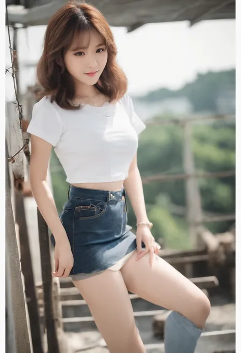 ​masterpiece、hightquality、japanes、Idol cuteness young face early teens girl、short、Pose for photo in white tight t-shirt and tight denim skirt，full body Esbian，Slim body，Petite bust，nipple1.2、Lying on the construction site、(Long bob cut、(Spread your legs wi...