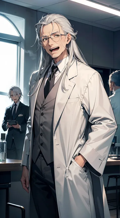 High quality, Masterpiece, aged 40，Anime male scientist，jpn,Long gray hair emanating from the shawl, Skinny figure, skiny, Wearing the white robe of a scientist，Black suit pants, Maniacal laughing expression, Stand in a science lab, Close-up of the bust.