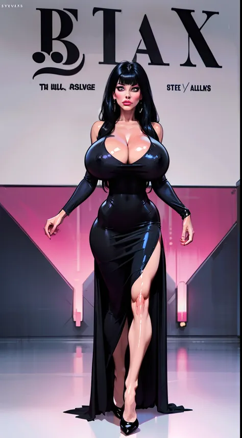 ((full body view:1.2)), ((Elvira The Mistress of Darkness)) (Cassandra Peterson), (pale skin:1.2), (white skin:1.5), ((front view:1.3)), pale face, (puffy lips:1.4), (exposed torso:1.4),(black dress), ((long dress over legs:1.3)), ((dress covers legs:1.1))...