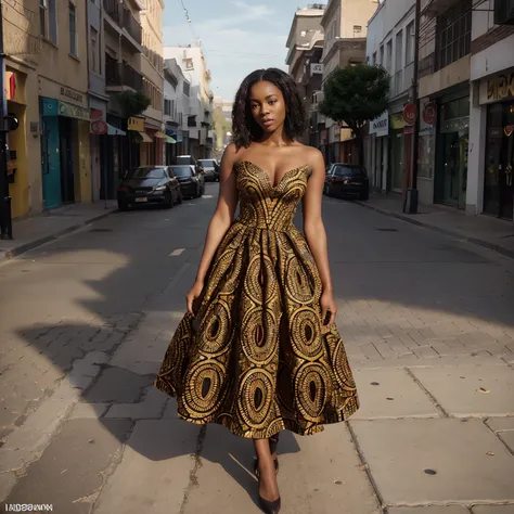 ((instagram photo)) full body photo of 28 year old beautiful ((African woman sexy ball gown)) strong ((girlboss)) fierce in a ((standing in the street for photoshoot)) (high detailed skin:1.2) 8k uhd, dslr, soft lighting, high quality, film grain ((amateur...