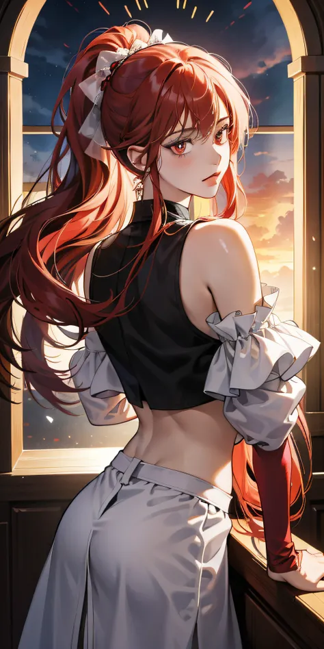 （Maximum mass），（depth of fields），（full bodyesbian），adolable，rich details​，1girll，（whaite hair），2-dimensional，longponytail，Light red eyes，Red hair accessories，无袖，cropped shoulders，crop top，Place your hands behind your back，frontage，[Be red in the face]，Poke...