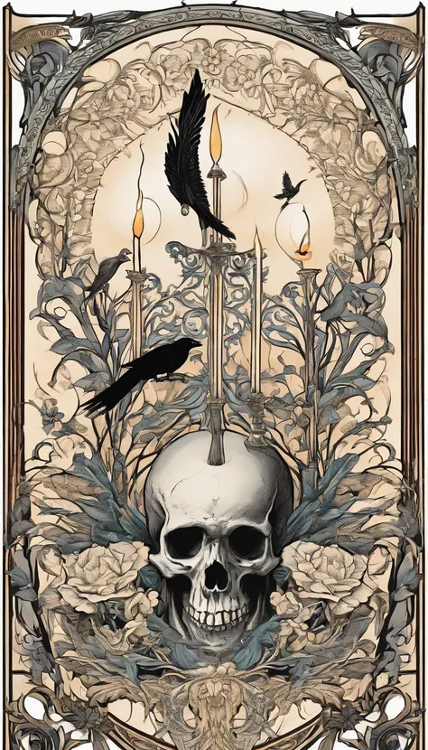 skull, crow, candle, colering book