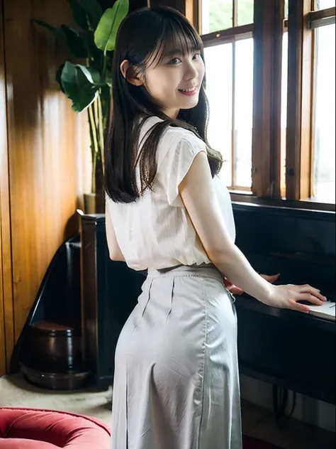 top-quality、超a high resolution、(photorealsitic:1.4)、女の子1人、grey skirt、office stairs、turned around、a little smile、unusual look、sex...