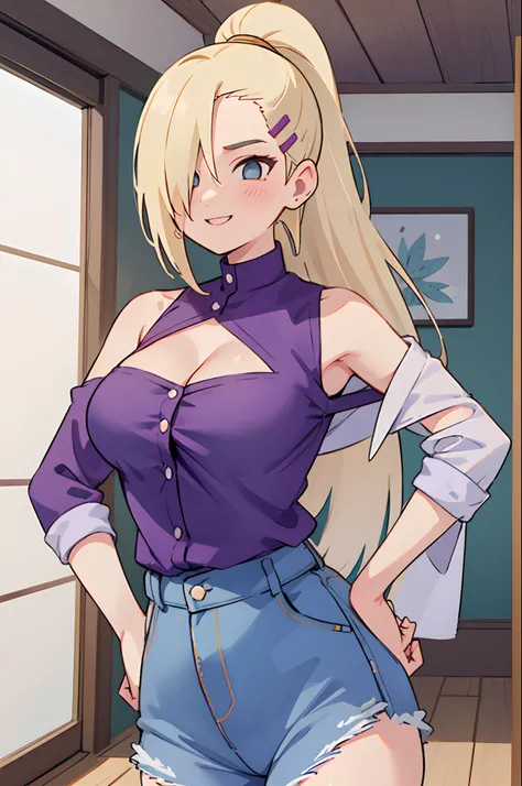 Ino yamanaka，Off-the-shoulder attire，cleavage，Frontal photo，inside in room，ssmile，sportrait，Purple clothes，denim short，blond hairbl