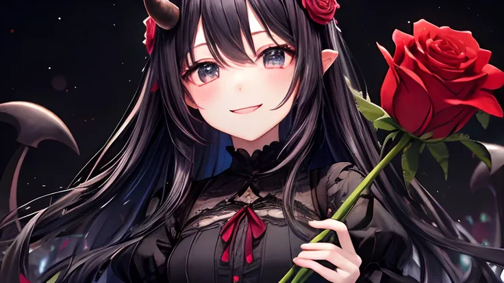 girl with、With background、kirakira、Darker、Roses Around、roses、Diabolical、Small Devil、horns grow、Horns、A dark-haired、kawaii、Wearing a dress、pluma、Smiling