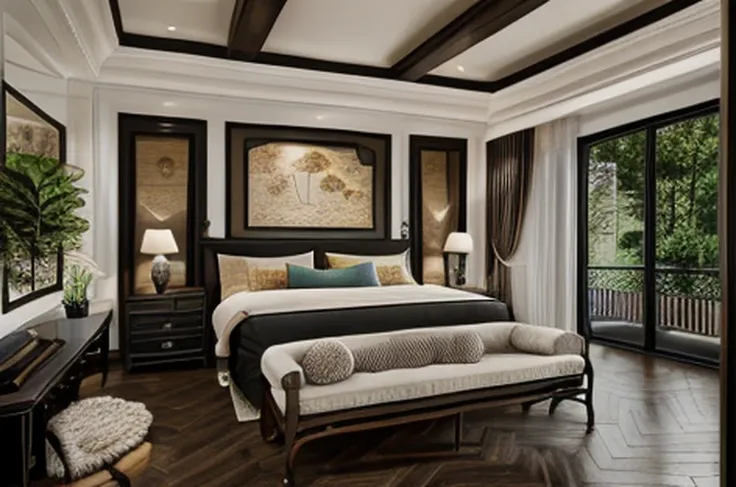 indochine bedroom interior design, a bedroom with bed, lamp, rug, potted plant, pillow, bench, wood floor, black wood furnitures...