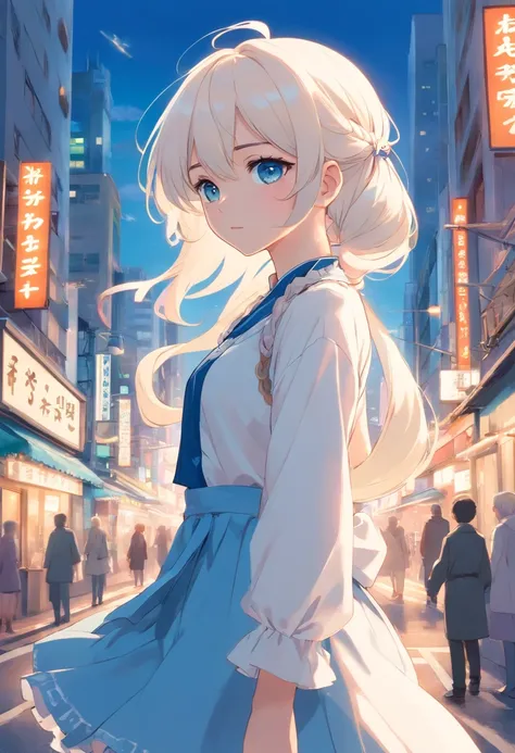 White color hair，Double ponytail curls，blue color eyes，White Lolita，Beth，A bustling city street