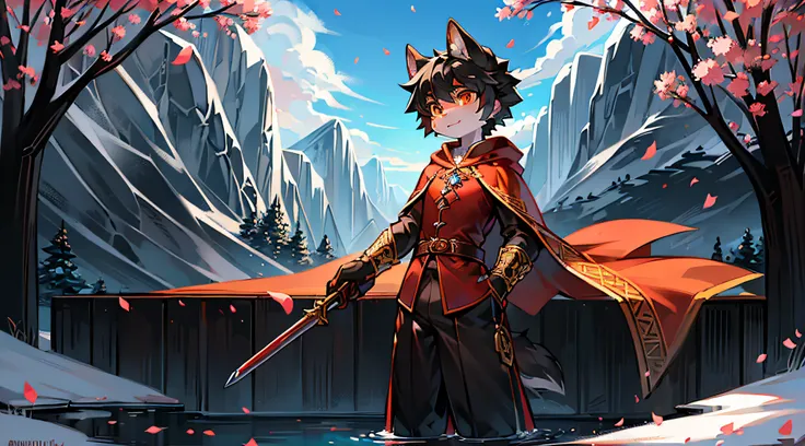 Black Haired Wolf，long red cloak，orange color shirt，falling flower petals，Mountains，Shota，adolable，Orange pupils，are standing，flowing river，snowfield，Reach out and pick up the petals，solo person，clear blue skies，Expectant eyes，head looking up，Long sword，ha...