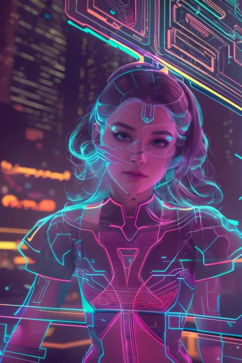 Digital Girl, Parts Hologram, (Best Quality,4K,8K,hight resolution,masutepiece:1.2),Ultra-detailed,(Realistic,Photorealistic,Photorealsitic:1.37), Vivid colors, Bokeh, 3D Rendering, interactive art, Futuristic landscape, Luminous circuit pattern, cyberpunk...