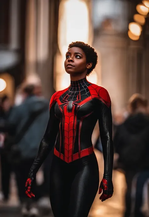 mulher, Uniforme de Miles Morales Homem-Aranha Negro Marvel, Lente 35mm, fotografia, Ultra Detalhes, HDR, UHD,8k