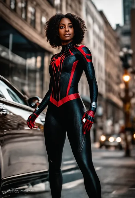 mulher, Uniforme de Miles Morales Homem-Aranha Negro Marvel, Lente 35mm, fotografia, Ultra Detalhes, HDR, UHD,8k