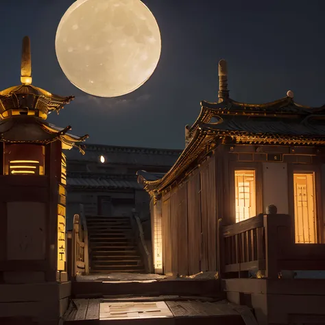 (goden_full_moon:1.8), architecture, bj_ancient_city, bridge, building, castle, cloud, east_asian_architecture, full_moon, moon, night, no_humans, outdoors, pagoda, reflection, scenery, sky, stairs chinese_tower, lake, golden colored thhem, east, delayed p...