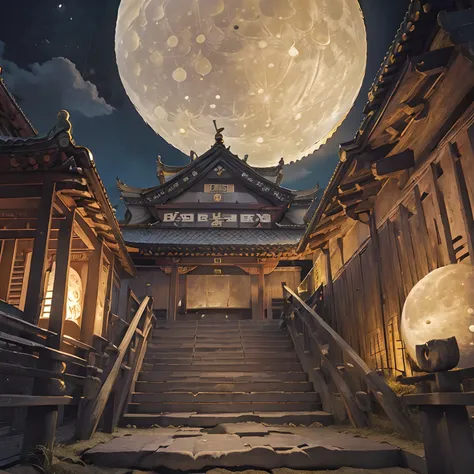 (goden_full_moon:1.8), architecture, bj_ancient_city, bridge, building, castle, cloud, east_asian_architecture, full_moon, moon, night, no_humans, outdoors, pagoda, reflection, scenery, sky, stairs chinese_tower, lake, golden colored thhem, east, delayed p...