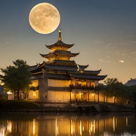 (goden_full_moon:1.8), architecture, bj_ancient_city, bridge, building, castle, cloud, east_asian_architecture, full_moon, moon, night, no_humans, outdoors, pagoda, reflection, scenery, sky, stairs chinese_tower, lake, golden colored thhem, east, delayed p...