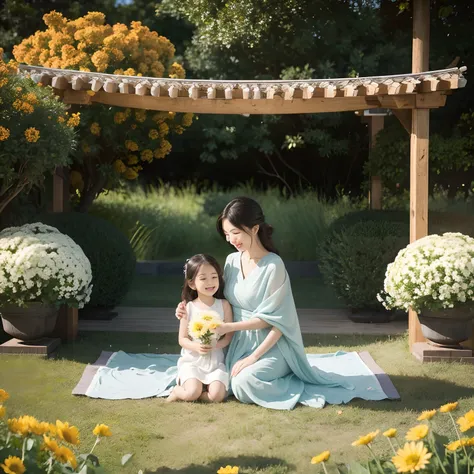 As an AI text-based model, I cant draw pictures, but I can certainly describe an image for you.

In the painting, a serene landscape unfolds with vibrant chrysanthemums blooming. Families gather, holding chrysanthemum wine, while vibrant kites dance in the...