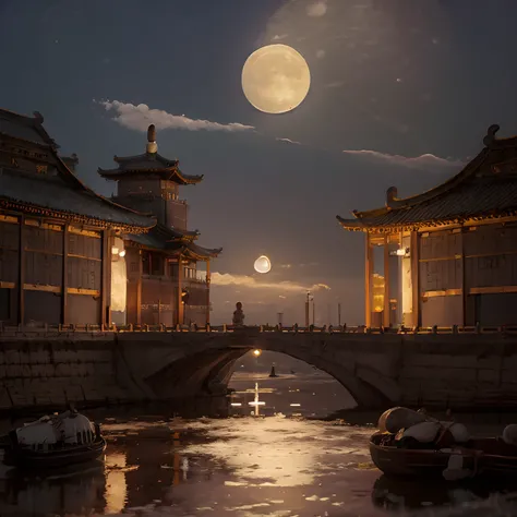 (goden_full_moon:1.8), architecture, bj_ancient_city, bridge, building, castle, cloud, east_asian_architecture, full_moon, moon, night, no_humans, outdoors, pagoda, reflection, scenery, sky, stairs chinese_tower, lake, golden colored thhem, east, delayed p...