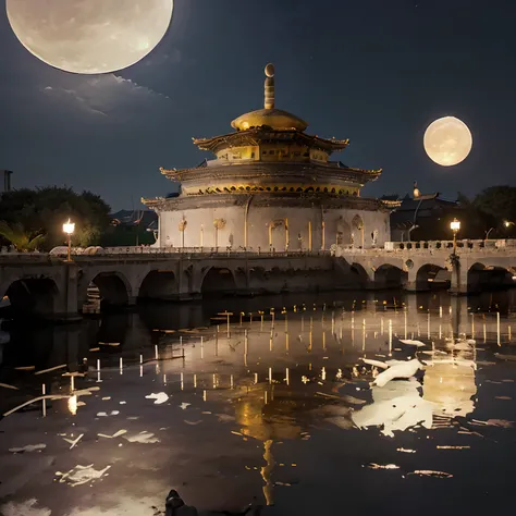 (goden_full_moon:1.8), architecture, bj_ancient_city, bridge, building, castle, cloud, east_asian_architecture, full_moon, moon, night, no_humans, outdoors, pagoda, reflection, scenery, sky, stairs chinese_tower, lake, golden colored thhem, east, delayed p...