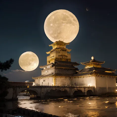 (goden_full_moon:1.8), architecture, bj_ancient_city, bridge, building, castle, cloud, east_asian_architecture, full_moon, moon, night, no_humans, outdoors, pagoda, reflection, scenery, sky, stairs chinese_tower, lake, golden colored thhem, east, delayed p...