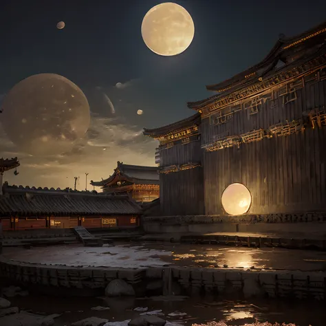 (goden_full_moon:1.8), buliding, Beijings ancient city district, bru, buildings, borgar, ​​clouds, east asian architecture, moon full, themoon, the night, No characters, exteriors, pylons, inverted image, scenecy, Skysky, Staircase China Tower, lake, Gold ...