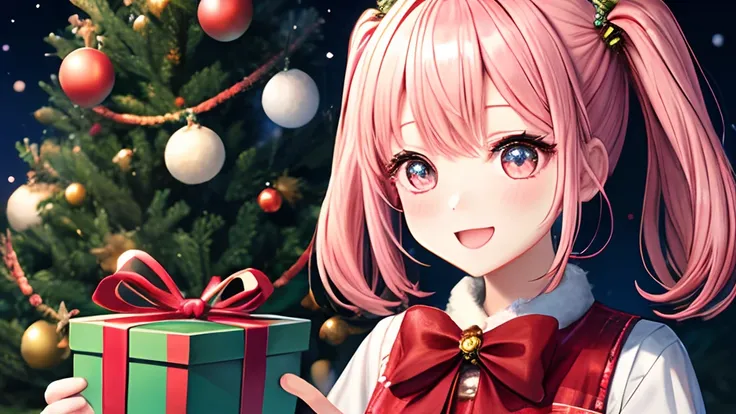 girl with、Pedras preciosas、With background、Christmas tree、yuki、kirakira、doress、ren、Christmas、santa claus、present、Pink hair、Pink hair、Twin-tailed、Have a gift