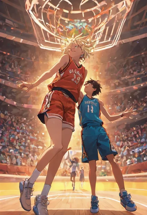 illustration｜Professional basketball court，There is a ball in the middle，On the left is a basketball, On the right is a football，The person on the left holds a basketball，Kick a soccer ball with your right leg。Fiery confrontation，Optimal image quality，(hen...