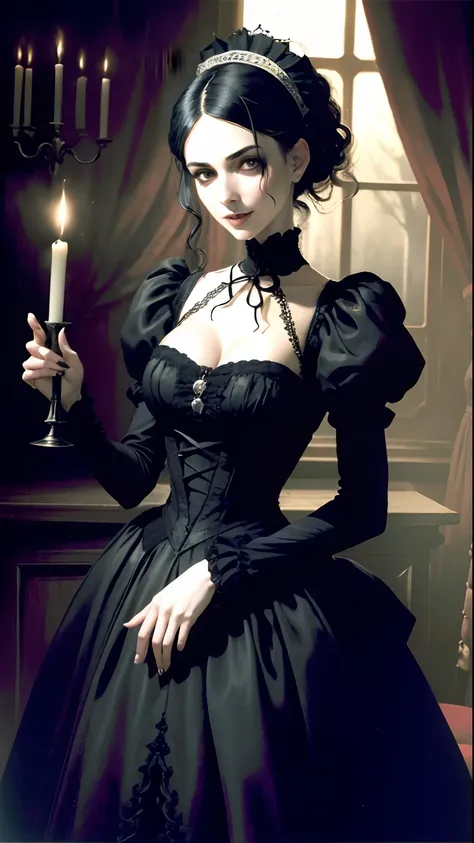 A Gothic Victorian Vampire. Dark room by candlelight. (dente:1.6)  ,  kkw-pele-det-todos_Checkpoint_pele_detalhe_-_pele_detalhe_v1.0,  geraldetalhe-detalhe_++_-_Geral_detalhe , cotton dress