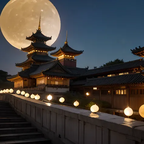 (goden_full_moon:1.8), architecture, bj_ancient_city, bridge, building, castle, cloud, east_asian_architecture, full_moon, moon, night, no_humans, outdoors, pagoda, reflection, scenery, sky, stairs chinese_tower, lake, golden colored thhem, east, delayed p...