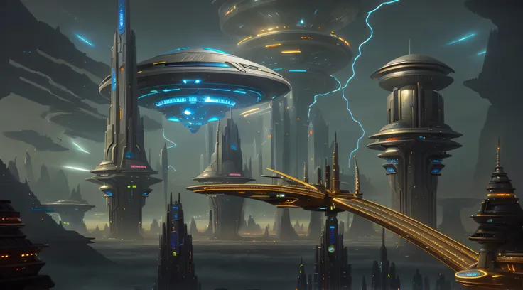 futuristic city with flying saucers and futuristic buildings in the background, in fantasy sci - fi city, futuristic utopian fantasy, futuristic alien city, futuristic utopian metropolis, ancient sci - fi city, epic scifi fantasy art, sci-fi fantasy art, e...