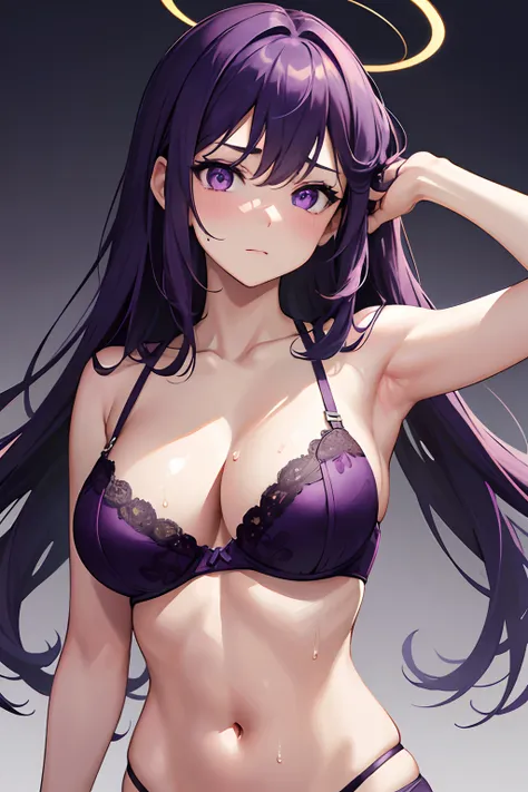 8k, highres, ultra detailed, (masterpiece:1.4), 1girl ,armpits , blush , bra , cleavage , closed mouth , collarbone , hair between eyes , halo , large breasts , long hair , mechanical halo , purple bra , purple eyes , purple hair , simple background , solo...