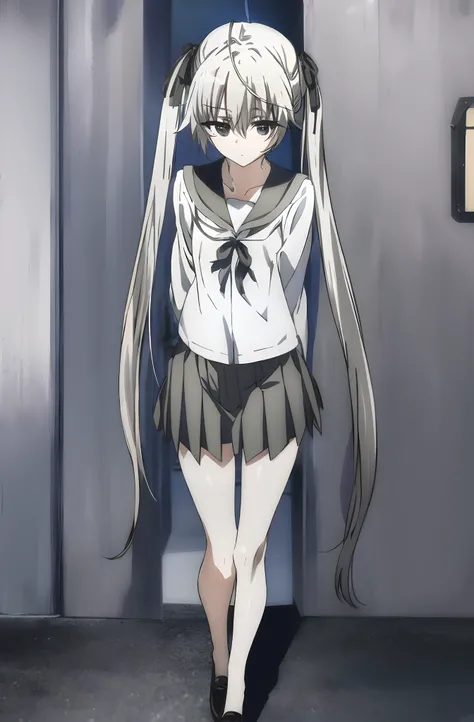 sorakasugano, sora kasugano, ahoge, (black eyes:1.5), hair between eyes, hair ribbon, long hair, twintails, black ribbon, white hair, (flat chest:1.2), BREAK black pantyhose, grey ribbon, grey skirt, long sleeves, miniskirt, pantyhose, pleated skirt, sailo...