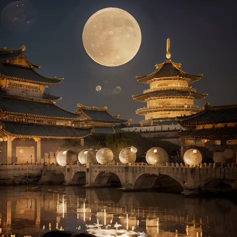 (goden_full_moon:1.8), architecture, bj_ancient_city, bridge, building, castle, cloud, east_asian_architecture, full_moon, moon, night, no_humans, outdoors, pagoda, reflection, scenery, sky, stairs chinese_tower, lake, golden colored thhem, east, delayed p...