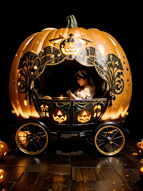 (Masterpiece), detailed, upvoted, ((intricate carriage made pumpkin)), wheel, cinderella, of night, moon, by alphonso mucha