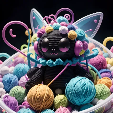 Colorful aesthetic, plastic toy alien, 3 black eyes, puffball tail, curly antennae, long antennae, colorful charms, full body image, body is made of yarn, in plastic ballpit