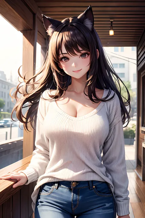 of the highest quality, High resolution, The perfect human structure, Focus of the figure, Front view, Glowing hair, White sweater, Facing, jeans, Medium chest, cleavage, Smiling happily, Shorts, In town, Brown eyes,A dark-haired,Cats ears,