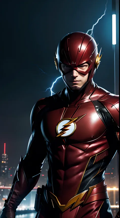 masterpiece, ultra detailed close up of the flash in the city at night, the flash (dc comics), serious expression, perfect face, modern city, city lights, reduniform, dangerous, badass, strong, expressive eyes, cyberpunk style, technological, dark, epic, (...